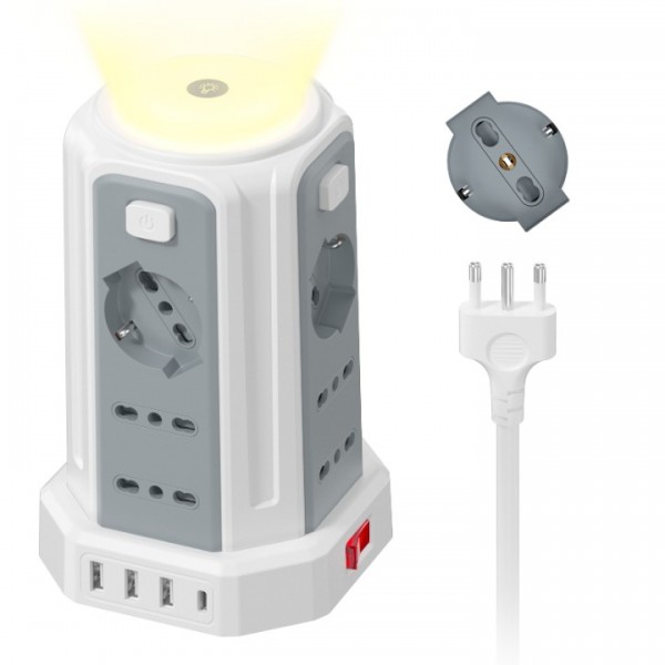 2 M Power Strip with Night Light 12 Universal Sock...