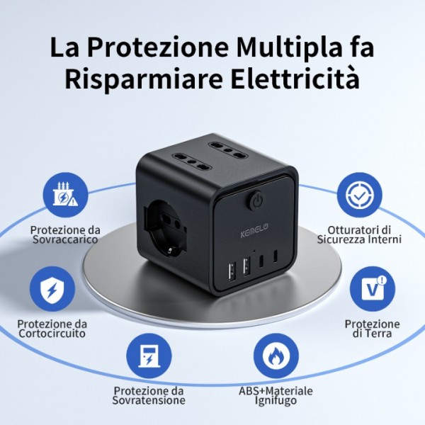 Power Strip with 4 Universal Sockets 10/16A ITA and Schuko, Power Strip with 2 USB A+2 USB C, Multiple Plug Flat Space-Saving with Switches for Home, Office, Black