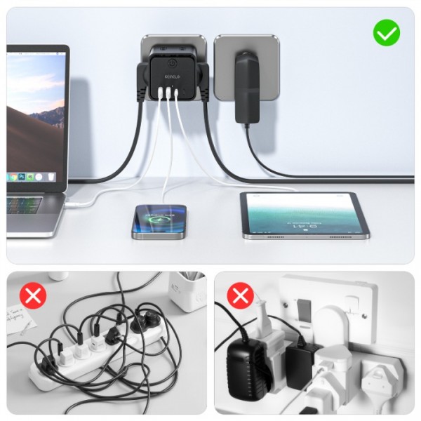 Power Strip with 4 Universal Sockets 10/16A ITA and Schuko, Power Strip with 2 USB A+2 USB C, Multiple Plug Flat Space-Saving with Switches for Home, Office, Black