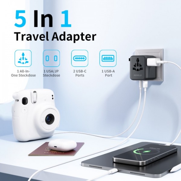 Universal Travel Plug Adapter Charger, 5 in 1 International Travel Adapter with 1 USB 2 Type C, 1 World Outlet and US/JP Outlet, Travel Plug for EU, UK, USA, Canada, Australia, Japan