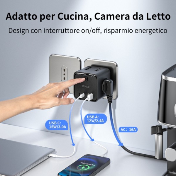 Power Strip with 4 Universal Sockets 10/16A ITA and Schuko, Power Strip with 2 USB A+2 USB C, Multiple Plug Flat Space-Saving with Switches for Home, Office, Black