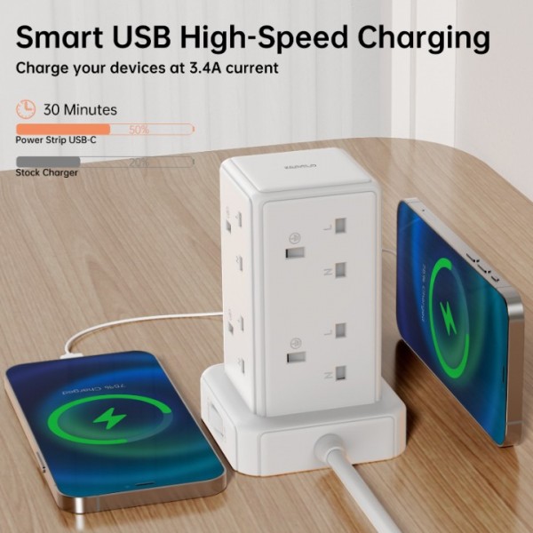 Tower Extension Lead with 8 Way Multi Plug Extension Tower & 4 USB Ports (13A 3250W),Mini Power Strip with Switch, 3M Extension Cable Surge Protection Extension Lead for Home, Office