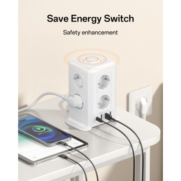 Power Strip with Switch, 5M Surge and Lightning Protection Power Strip with 8 AC Outlets and 4 USB Ports, Power Strip Tower for Office, Living Room, Bedroom