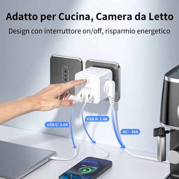 Power Strip with 4 Universal Sockets 10/16A ITA and Schuko, Power Strip with 2 USB A+2 USB C, Multiple Plug Flat Space-Saving with Switches for Home, Office, Black