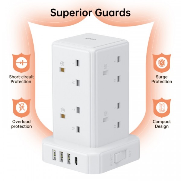 Tower Extension Lead with 8 Way Multi Plug Extension Tower & 4 USB Ports (13A 3250W),Mini Power Strip with Switch, 3M Extension Cable Surge Protection Extension Lead for Home, Office