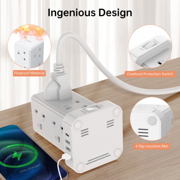 Tower Extension Lead with 8 Way Multi Plug Extension Tower & 4 USB Ports (13A 3250W),Mini Power Strip with Switch, 3M Extension Cable Surge Protection Extension Lead for Home, Office