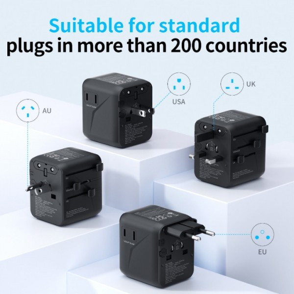Universal Plug Adapter, 25W International Travel Adapter with 1 USB and 2 Type C Universal Travel Adapter France to UK USA EU Canada Australia China Japan Thailand