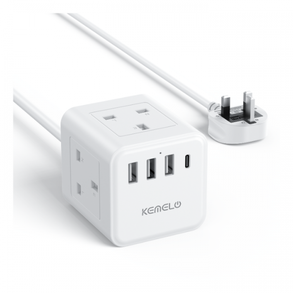 3M Cube Extension Lead with USB, Kemelo 4 Way (13A/3250W) Plug Extension Socket with 3 USB A & 1 USB C, Child Safety Extension Cord,Black Cube Power Strip for Home Desk Office