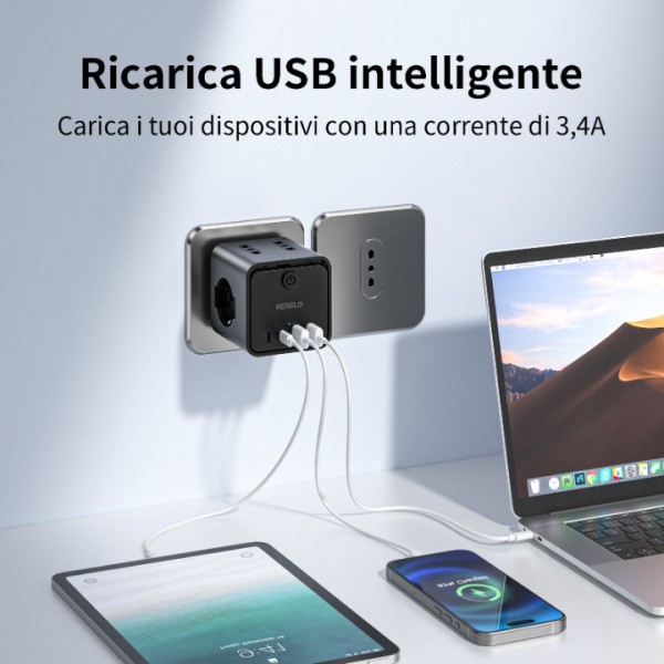 Power Strip with 4 Universal Sockets 10/16A ITA and Schuko, Power Strip with 2 USB A+2 USB C, Multiple Plug Flat Space-Saving with Switches for Home, Office, Black