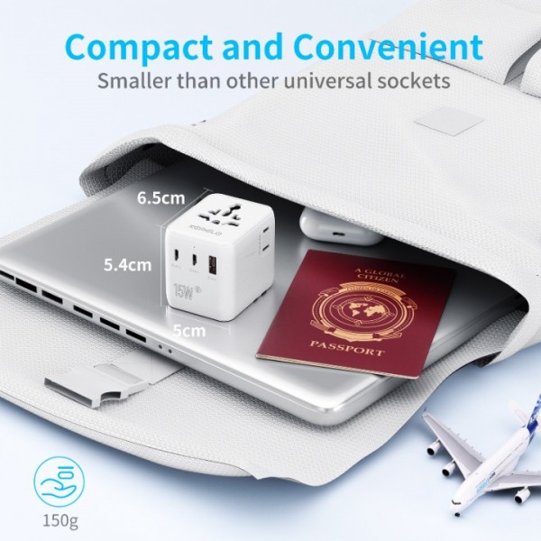 5 in 1 Worldwide Travel Adapter with 1 Universal Plug and 1 USA/JP Plug, 1 USB, 2 USB C International Plug Adapter, for UK EU USA Canada, Australia