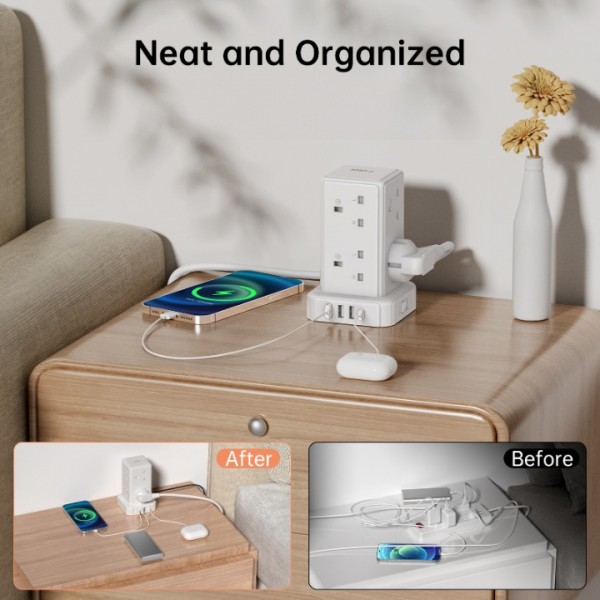 Tower Extension Lead with 8 Way Multi Plug Extension Tower & 4 USB Ports (13A 3250W),Mini Power Strip with Switch, 3M Extension Cable Surge Protection Extension Lead for Home, Office