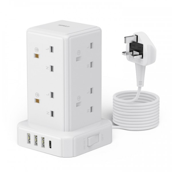 Tower Extension Lead with 8 Way Multi Plug Extension Tower & 4 USB Ports (13A 3250W),Mini Power Strip with Switch, 3M Extension Cable Surge Protection Extension Lead for Home, Office
