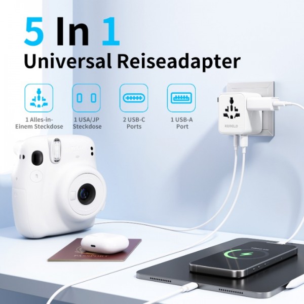 25W Universal Adapter, 5 in 1 Universal Travel Adapter with 2 USB and 2 USB C, 1 Universal Plug and US/JP Plug Adapter Universe USA UK EU Australia, Adapter Universe France