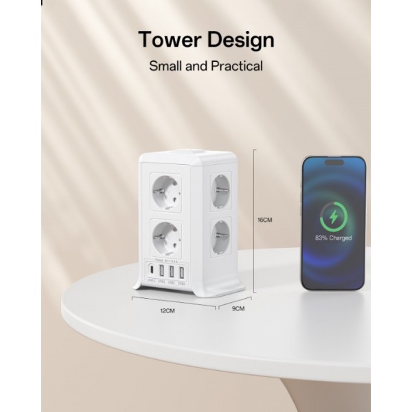 Power Strip with Switch, 5M Surge and Lightning Protection Power Strip with 8 AC Outlets and 4 USB Ports, Power Strip Tower for Office, Living Room, Bedroom