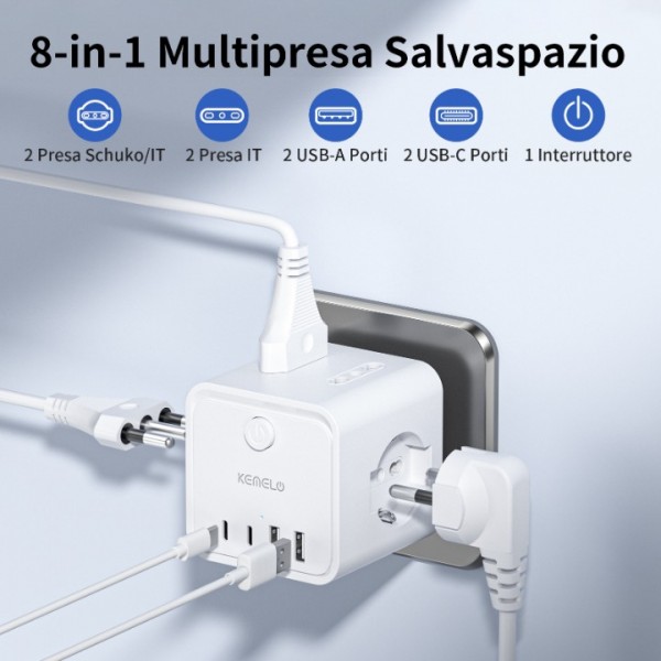 Power Strip with 4 Universal Sockets 10/16A ITA and Schuko, Power Strip with 2 USB A+2 USB C, Multiple Plug Flat Space-Saving with Switches for Home, Office, Black