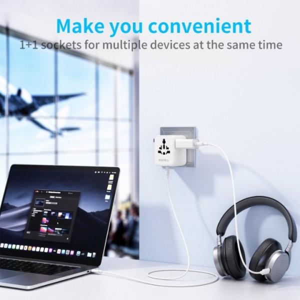 5 in 1 Worldwide Travel Adapter with 1 Universal Plug and 1 USA/JP Plug, 1 USB, 2 USB C International Plug Adapter, for UK EU USA Canada, Australia