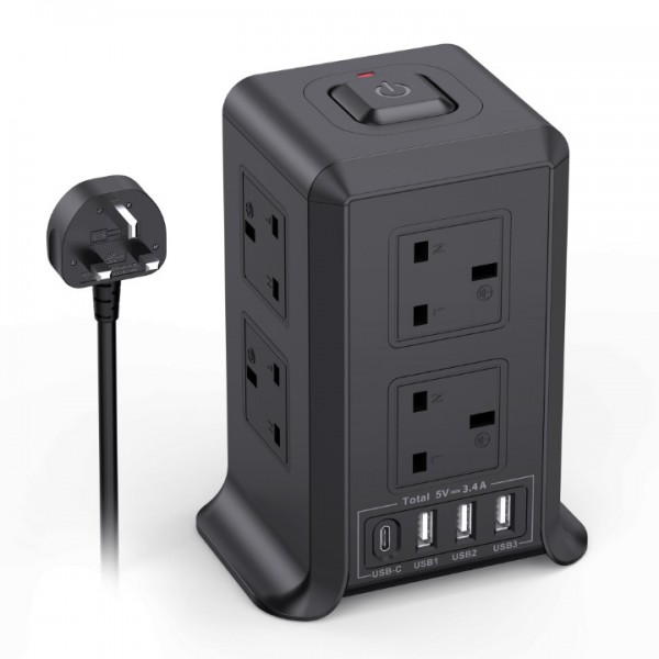 Tower Extension Lead with USB Slots, 8 Way Multi P...