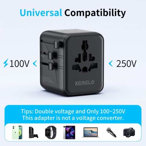 Universal Plug Adapter, 25W International Travel Adapter with 1 USB and 2 Type C Universal Travel Adapter France to UK USA EU Canada Australia China Japan Thailand