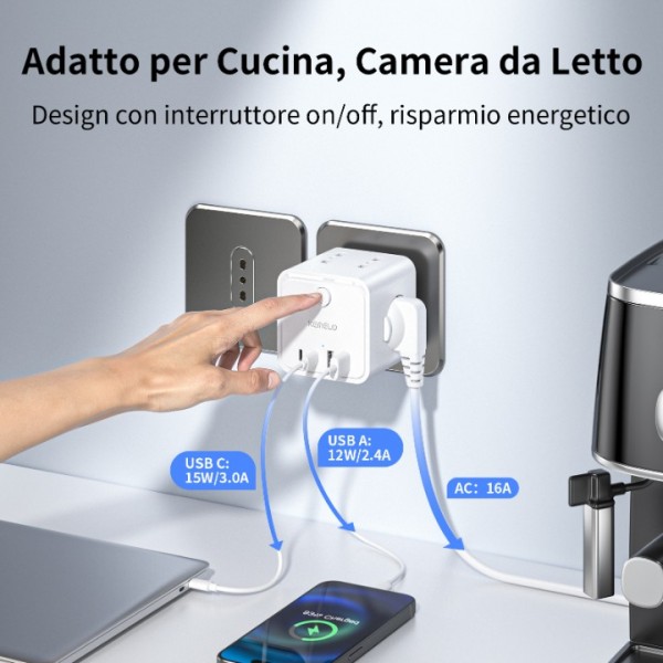 Power Strip with 4 Universal Sockets 10/16A ITA and Schuko, Power Strip with 2 USB A+2 USB C, Multiple Plug Flat Space-Saving with Switches for Home, Office, Black