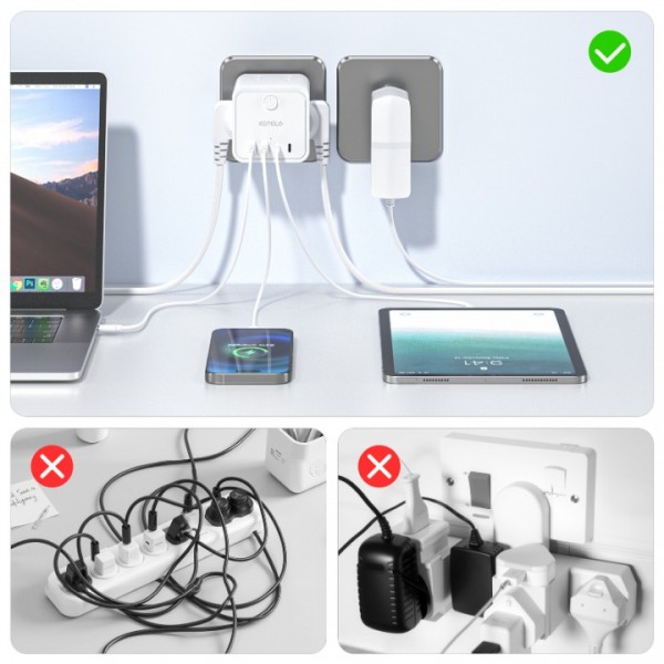 Power Strip with 4 Universal Sockets 10/16A ITA and Schuko, Power Strip with 2 USB A+2 USB C, Multiple Plug Flat Space-Saving with Switches for Home, Office, Black