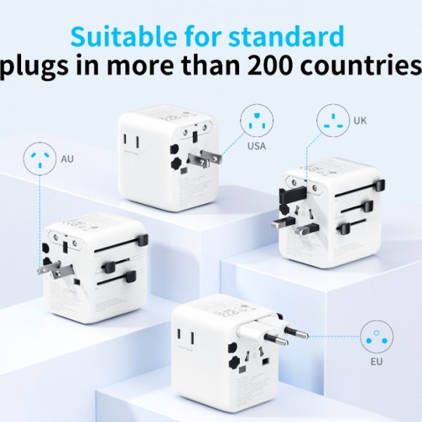 25W Universal Adapter, 5 in 1 Universal Travel Adapter with 2 USB and 2 USB C, 1 Universal Plug and US/JP Plug Adapter Universe USA UK EU Australia, Adapter Universe France