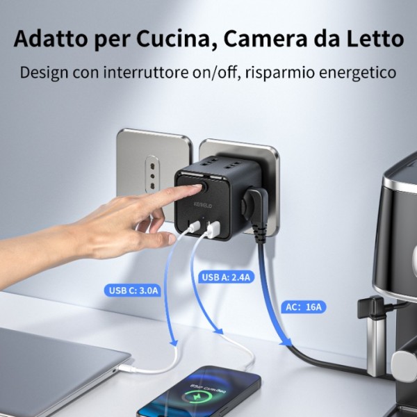 Power Strip with 4 Universal Sockets 10/16A ITA and Schuko, Power Strip with 2 USB A+2 USB C, Multiple Plug Flat Space-Saving with Switches for Home, Office, Black