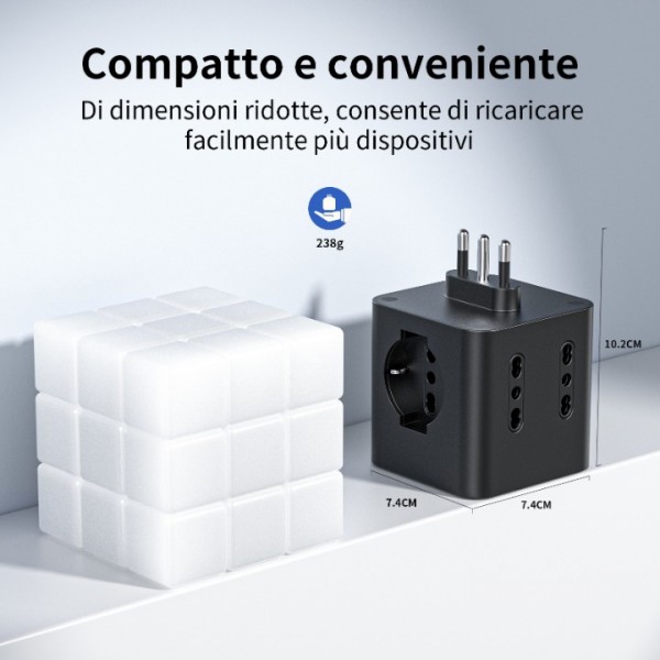 Power Strip with 4 Universal Sockets 10/16A ITA and Schuko, Power Strip with 2 USB A+2 USB C, Multiple Plug Flat Space-Saving with Switches for Home, Office, Black