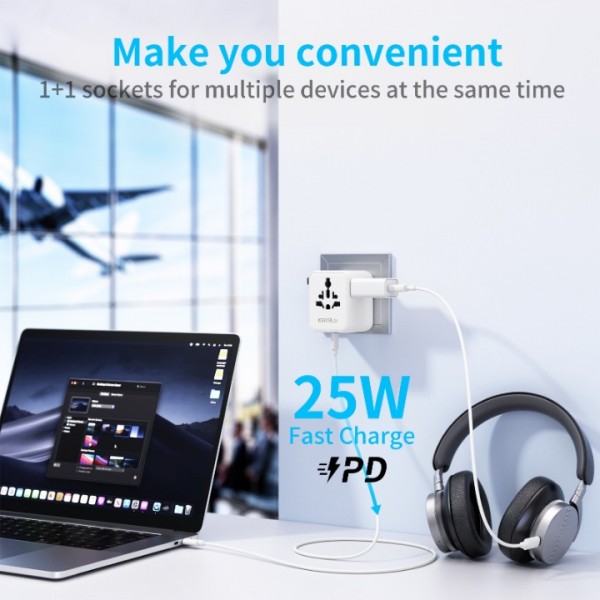 25W Universal Adapter, 5 in 1 Universal Travel Adapter with 2 USB and 2 USB C, 1 Universal Plug and US/JP Plug Adapter Universe USA UK EU Australia, Adapter Universe France