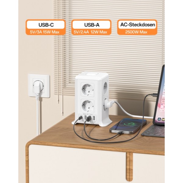 Power Strip with Switch, 5M Surge and Lightning Protection Power Strip with 8 AC Outlets and 4 USB Ports, Power Strip Tower for Office, Living Room, Bedroom