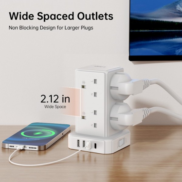 Tower Extension Lead with 8 Way Multi Plug Extension Tower & 4 USB Ports (13A 3250W),Mini Power Strip with Switch, 3M Extension Cable Surge Protection Extension Lead for Home, Office