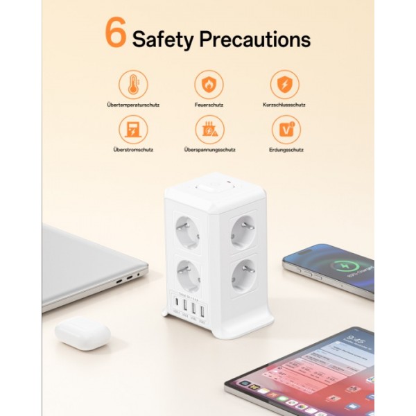 Power Strip with Switch, 5M Surge and Lightning Protection Power Strip with 8 AC Outlets and 4 USB Ports, Power Strip Tower for Office, Living Room, Bedroom