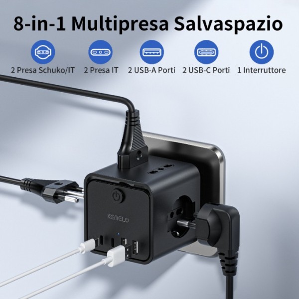 Power Strip with 4 Universal Sockets 10/16A ITA and Schuko, Power Strip with 2 USB A+2 USB C, Multiple Plug Flat Space-Saving with Switches for Home, Office, Black