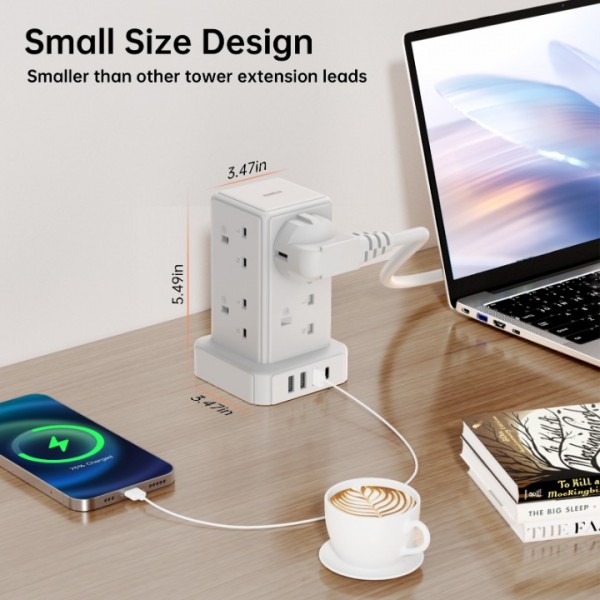 Tower Extension Lead with 8 Way Multi Plug Extension Tower & 4 USB Ports (13A 3250W),Mini Power Strip with Switch, 3M Extension Cable Surge Protection Extension Lead for Home, Office