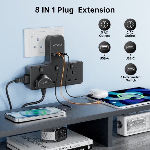 Multi Plug Adapter (3250W/13A), Plug Extension Socket with 3 USB, 3 Way Plug Adapter UK Built-in with Independent Switches,Wall Plug Extender for School Home, Kitchen, Office