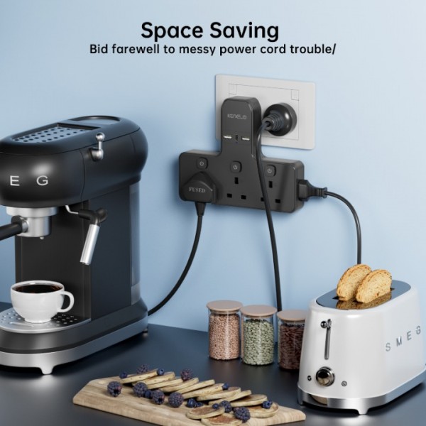 Multi Plug Adapter (3250W/13A), Plug Extension Socket with 3 USB, 3 Way Plug Adapter UK Built-in with Independent Switches,Wall Plug Extender for School Home, Kitchen, Office