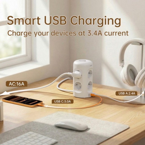 3M Power Strip with Switch,9 Compartment Multi-Socket Power Strip with 3 USB,Multi-Plug Surge Protector, Extension Cable Socket Tower for Home,Office