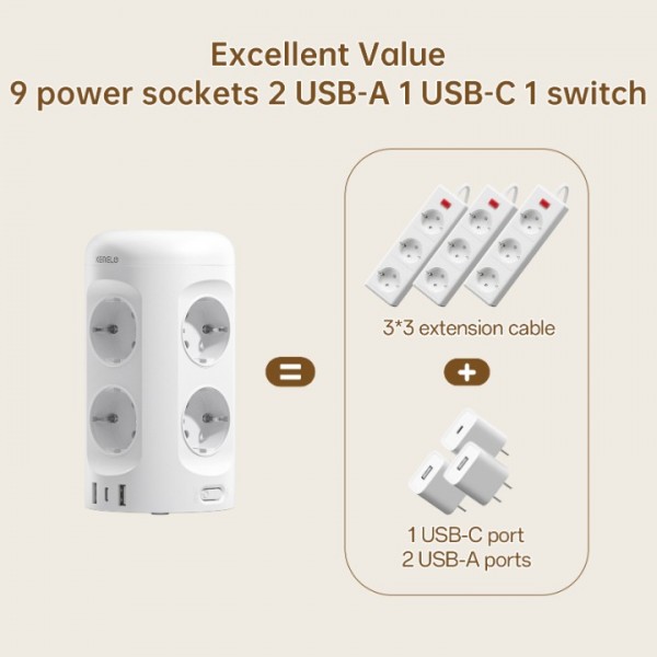 3M Power Strip with Switch,9 Compartment Multi-Socket Power Strip with 3 USB,Multi-Plug Surge Protector, Extension Cable Socket Tower for Home,Office