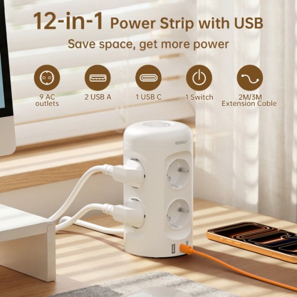 3M Power Strip with Switch,9 Compartment Multi-Socket Power Strip with 3 USB,Multi-Plug Surge Protector, Extension Cable Socket Tower for Home,Office